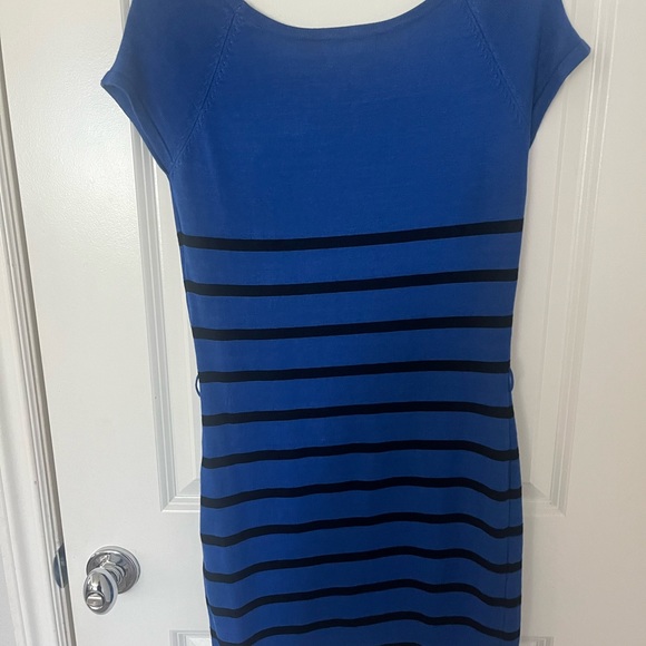 COOL ATTITUDE Royal Blue Black Stripe Short Sleeve Belted Knit Dress L - Picture 5 of 5